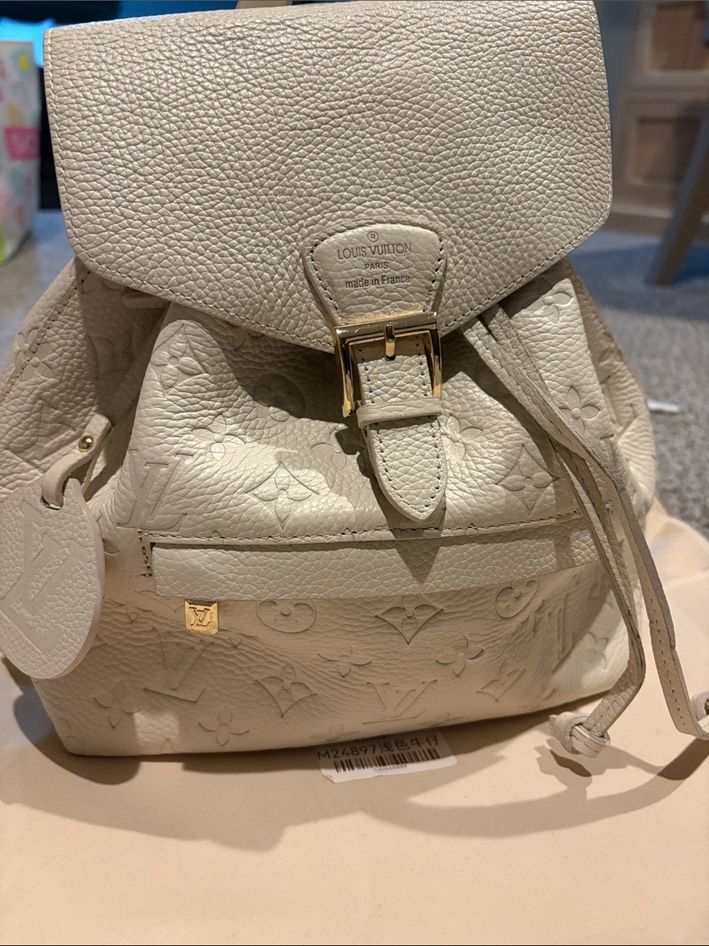 Faux Louis Vuitton Cream Embossed Monogram Drawstring Backpack